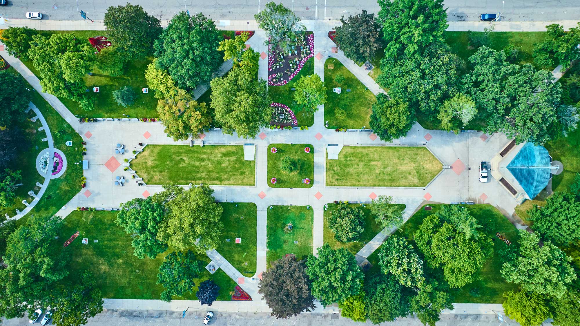 Aerial View of Urban Park Fountain in Indianapolis with Greenery and Pathways